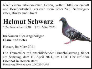 Traueranzeige von Helmut Schwarz  von Magdeburger Volksstimme