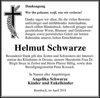 Traueranzeige von Helmut Schwarze  von Magdeburger Volksstimme