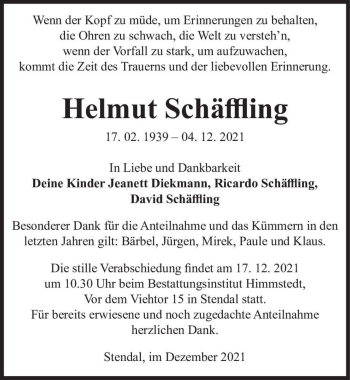 Traueranzeige von Helmut Schäffling  von Magdeburger Volksstimme
