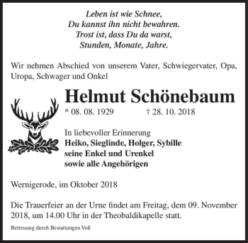 Traueranzeige von Helmut Schönebaum  von Magdeburger Volksstimme