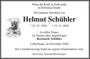 Traueranzeige von Helmut Schühler  von Magdeburger Volksstimme