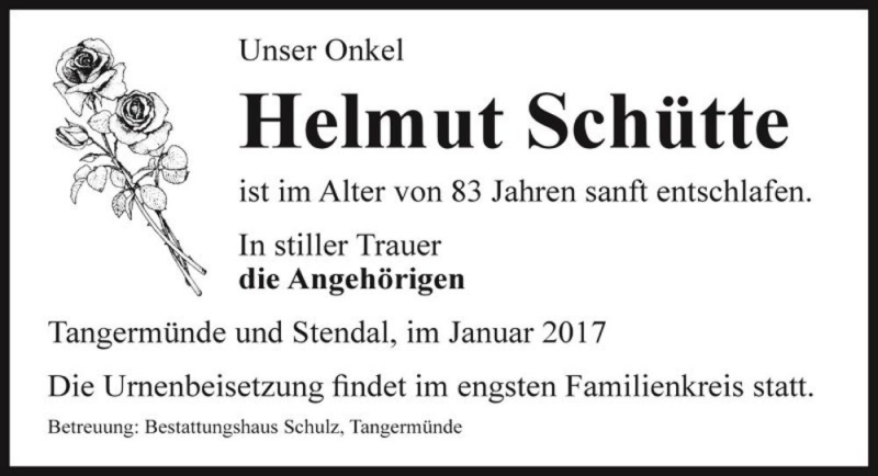  Traueranzeige für Helmut Schütte  vom 01.02.2017 aus Magdeburger Volksstimme