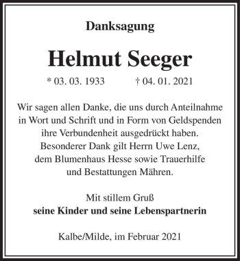 Traueranzeige von Helmut Seeger  von Magdeburger Volksstimme