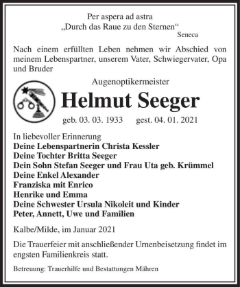 Traueranzeige von Helmut Seeger  von Magdeburger Volksstimme