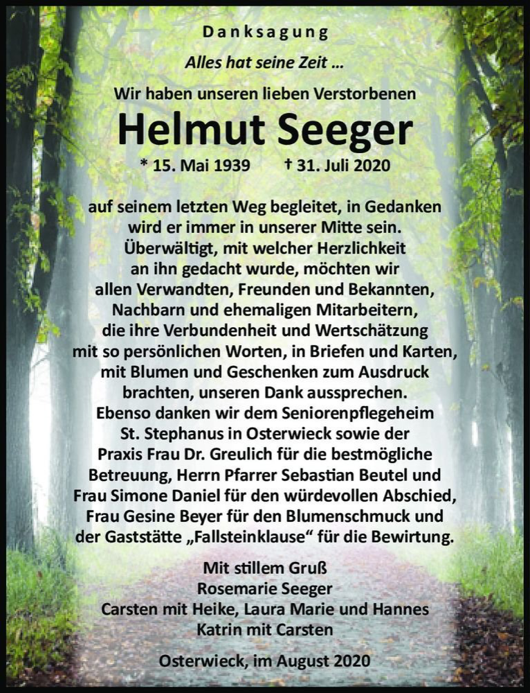  Traueranzeige für Helmut Seeger  vom 29.08.2020 aus Magdeburger Volksstimme