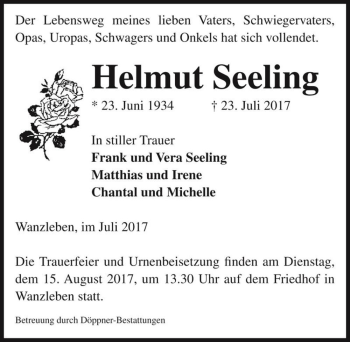 Traueranzeige von Helmut Seeling  von Magdeburger Volksstimme