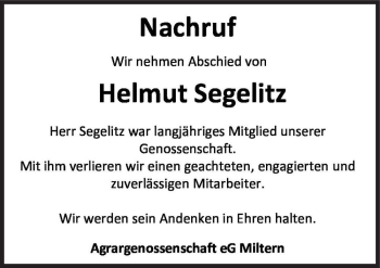 Traueranzeige von Helmut Segelitz  von Magdeburger Volksstimme