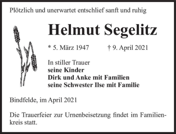 Traueranzeige von Helmut Segelitz  von Magdeburger Volksstimme