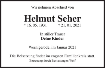 Traueranzeige von Helmut Seher  von Magdeburger Volksstimme