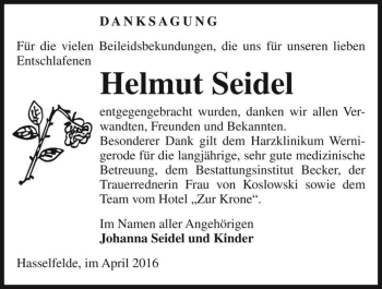 Traueranzeige von Helmut Seidel  von Magdeburger Volksstimme