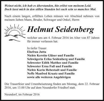 Traueranzeige von Helmut Seidenberg  von Magdeburger Volksstimme