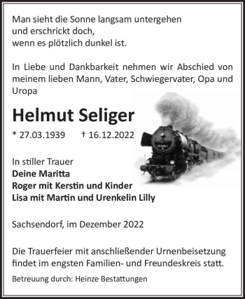 Traueranzeige von Helmut Seliger  von Magdeburger Volksstimme