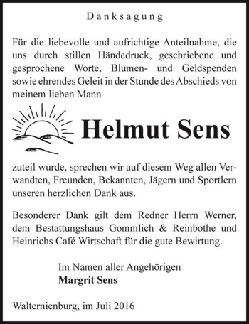 Traueranzeige von Helmut Sens  von Magdeburger Volksstimme