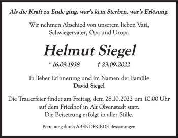 Traueranzeige von Helmut Siegel  von Magdeburger Volksstimme