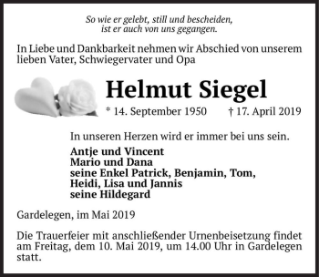 Traueranzeige von Helmut Siegel  von Magdeburger Volksstimme
