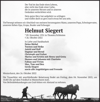 Traueranzeige von Helmut Siegert  von Magdeburger Volksstimme