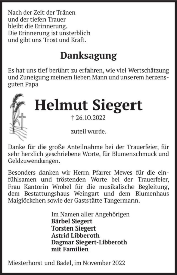 Traueranzeige von Helmut Siegert  von Magdeburger Volksstimme