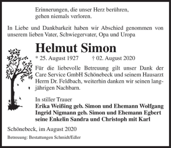 Traueranzeige von Helmut Simon  von Magdeburger Volksstimme
