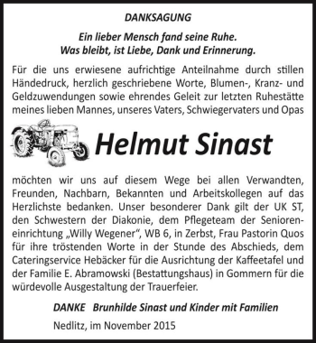 Traueranzeige von Helmut Sinast  von Magdeburger Volksstimme