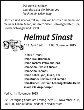 Traueranzeige von Helmut Sinast  von Magdeburger Volksstimme
