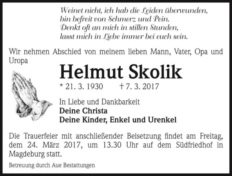  Traueranzeige für Helmut Skolik  vom 18.03.2017 aus Magdeburger Volksstimme