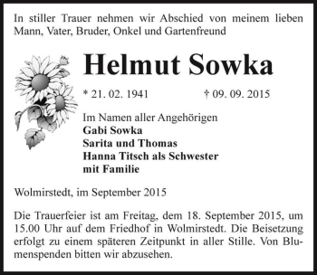 Traueranzeige von Helmut Sowka  von Magdeburger Volksstimme