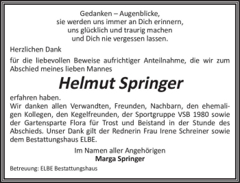 Traueranzeige von Helmut Springer  von Magdeburger Volksstimme