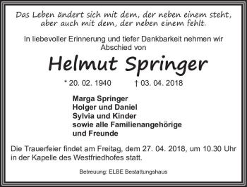 Traueranzeige von Helmut Springer  von Magdeburger Volksstimme