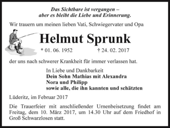 Traueranzeige von Helmut Sprunk  von Magdeburger Volksstimme