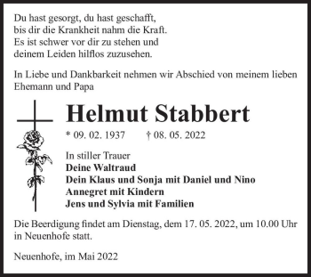 Traueranzeige von Helmut Stabbert  von Magdeburger Volksstimme