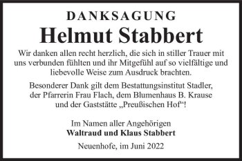 Traueranzeige von Helmut Stabbert  von Magdeburger Volksstimme