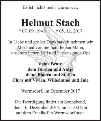 Traueranzeige von Helmut Stach  von Magdeburger Volksstimme