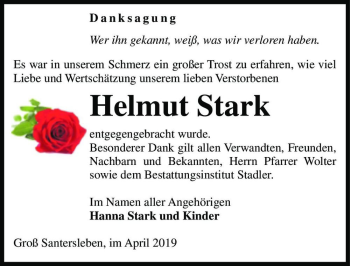 Traueranzeige von Helmut Stark  von Magdeburger Volksstimme