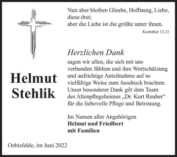 Traueranzeige von Helmut Stehlik  von Magdeburger Volksstimme