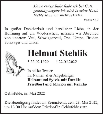 Traueranzeige von Helmut Stehlik  von Magdeburger Volksstimme