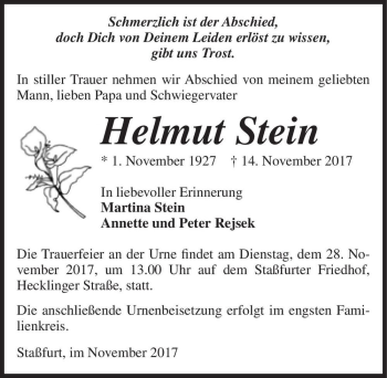 Traueranzeige von Helmut Stein  von Magdeburger Volksstimme
