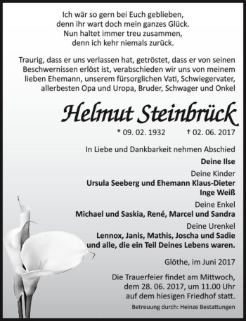 Traueranzeige von Helmut Steinbrück  von Magdeburger Volksstimme