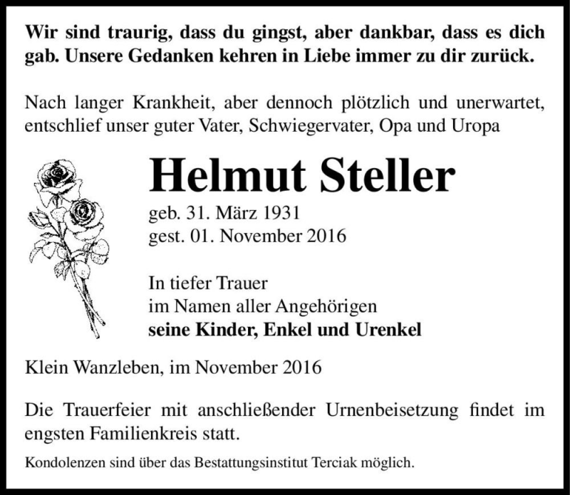  Traueranzeige für Helmut Steller  vom 05.11.2016 aus Magdeburger Volksstimme