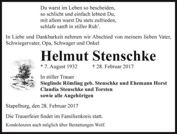 Traueranzeige von Helmut Stenschke  von Magdeburger Volksstimme