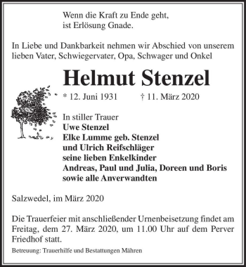 Traueranzeige von Helmut Stenzel  von Magdeburger Volksstimme