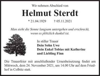 Traueranzeige von Helmut Sterdt  von Magdeburger Volksstimme