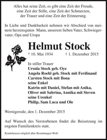 Traueranzeige von Helmut Stock  von Magdeburger Volksstimme