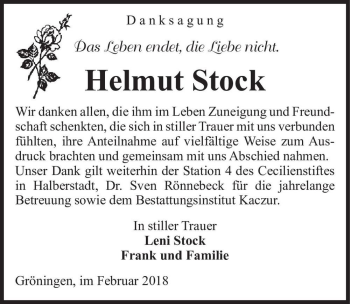 Traueranzeige von Helmut Stock  von Magdeburger Volksstimme