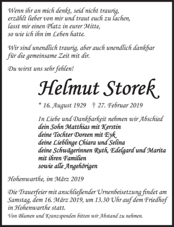 Traueranzeige von Helmut Storek  von Magdeburger Volksstimme