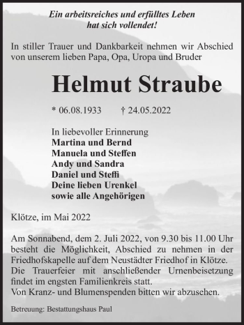 Traueranzeige von Helmut Straube  von Magdeburger Volksstimme