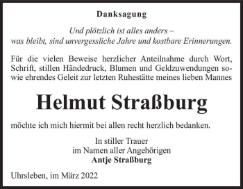Traueranzeige von Helmut Straßburg  von Magdeburger Volksstimme