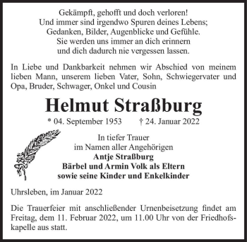 Traueranzeige von Helmut Straßburg  von Magdeburger Volksstimme