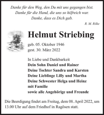 Traueranzeige von Helmut Striebing  von Magdeburger Volksstimme