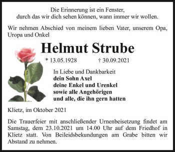 Traueranzeige von Helmut Strube  von Magdeburger Volksstimme