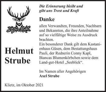 Traueranzeige von Helmut Strube  von Magdeburger Volksstimme